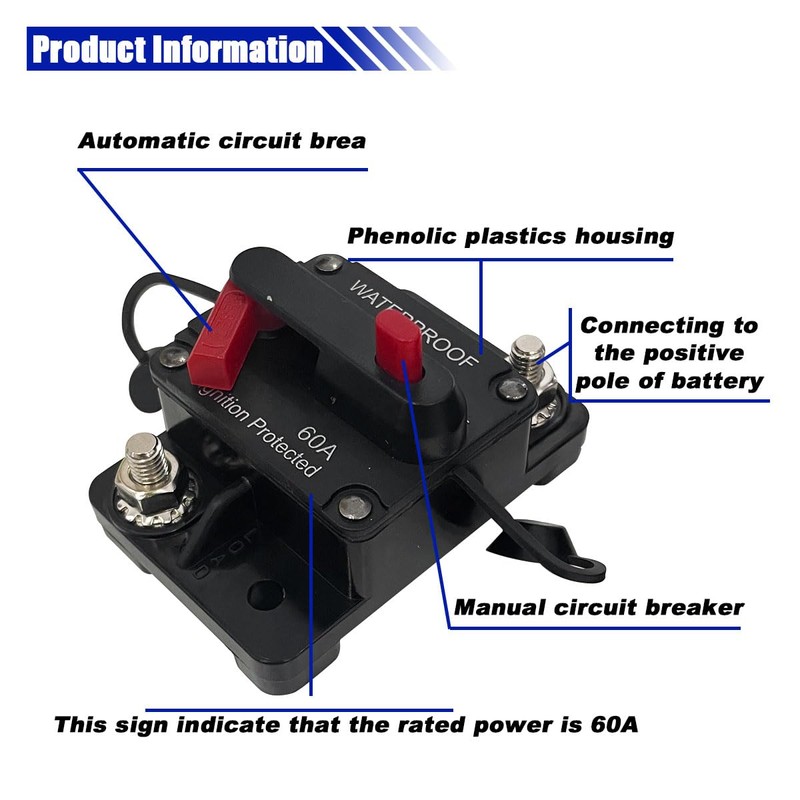 60Amp Circuit Breaker, DC 12V-48V Waterproof Inline Fuse with Manual