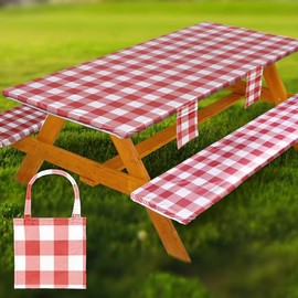 Picnic Table Cover with Bench Covers Vinyl Elastic Edges Fitted Rectangle Seat Tables Waterproof 3-Piece96X30in Set Outdoor Rectangular Folding Backing Tablecloth for Camping Over SizeTie-Dye 55