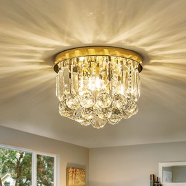 Gopmmy Round Crystal Lamp Chandelier,Modern Gold G9 Ceiling Mount Fixture Dia.9.85" x H8.25 for Living Room Dining Room Hallway (3 Light) …