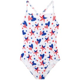 Belovance - Traje de baño de una pieza para niñas, con tirantes cruzados, lindos para niños, piscina, playa, secado rápido, 4 a 12 años, bandera, 5-6 Años