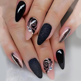 Almond Black Press on Nails Valentines Medium Fake Nails with Black Rose Design 3D Diamond False Nails Black Valentines Nails Medium Length Acrylic Glue on Nails Winter Stick on Nails for Women 24Pcs