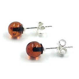 Natural Baltic Amber earrings Amber Sterling Silver Small Ball Stud Earrings (Cognac)