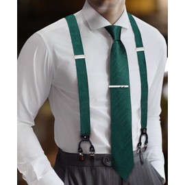Barry.Wang Men Suspender Set with Necktie Elastic Y Type Heavy Duty 6 Clips Braces Designer Gift (Dark Green)
