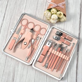 Manicura Set, 18 piezas de acero inoxidable cortaúñas con estuche de cuero, de cuero rosa de viaje Pedicura, cortaúñas, lima de uñas, ganchos para los oídos, pinzas, tijeras de pelo de la nariz, cortador de cejas y otros juegos de cuidado de la belleza