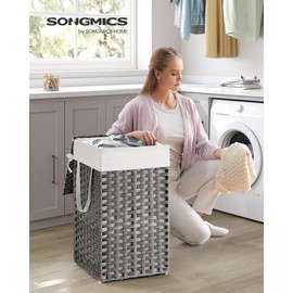SONGMICS Slim Laundry Hamper with Lid, 14.5 Gallon (55L) Rattan Clothes Laundry Basket with Lid and Handles, Foldable, Removable Liner, Dove Gray ULCB164G01