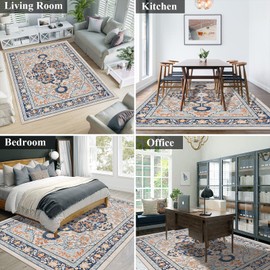 U'Artlines U'Artlines Boho Vintage Area Rug 5x7 Machine Washable Low Pile Soft Floor Carpet Non Slip Non Shedding Accent Rug for Living Room Bedroom Entryway Dining Room Office OrangeBlue