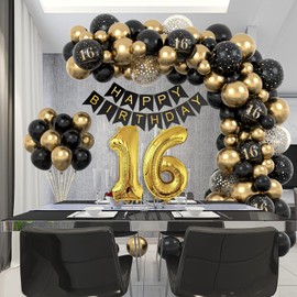 16th Birthday Decorations for Boys Girls, Black Gold 16th Birthday Balloons Party Decorations with 16th Happy Birthday Banner, Happy Birthday Garland Balloons Black Gold Decor for 16th Birthday Party