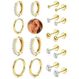 Thunaraz 9 Pairs Earrings Sets for Multiple Piercing Hypoallergenic 14K Gold Plated Small Huggie Hoop Earrings Tiny Ball CZ Gold Flat Back Stud Earrings for Women Lobe Gold Helix Cartilage Earrings