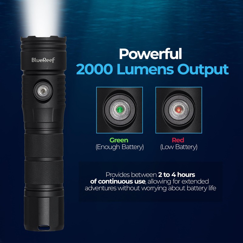 Blue Reef 2000 Lumens Dive Light, High-Powered Rechargeable LED Flashlight,