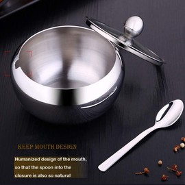 NEXMAR Premium Stainless Steel Sugar Bowl with Glass Lid and Spoon - 12 oz Sugar Container for Coffee Bar - Sugar Dispenser and Sugar Storage Container