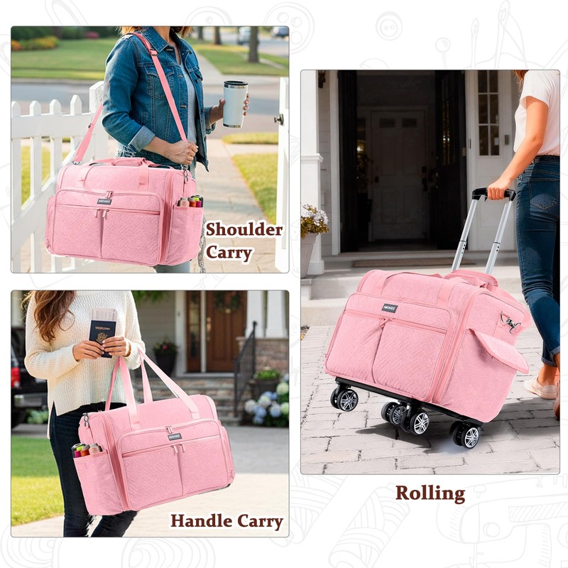 AMOIGEE Full-Open Sewing Machine Case with Wheels, Large Rolling Sewing