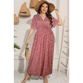 Women's Plus Size Hawaii Empire Waist Bat Short Sleeve Casual Floral Print Boho Maxi Dress（Red,3XL