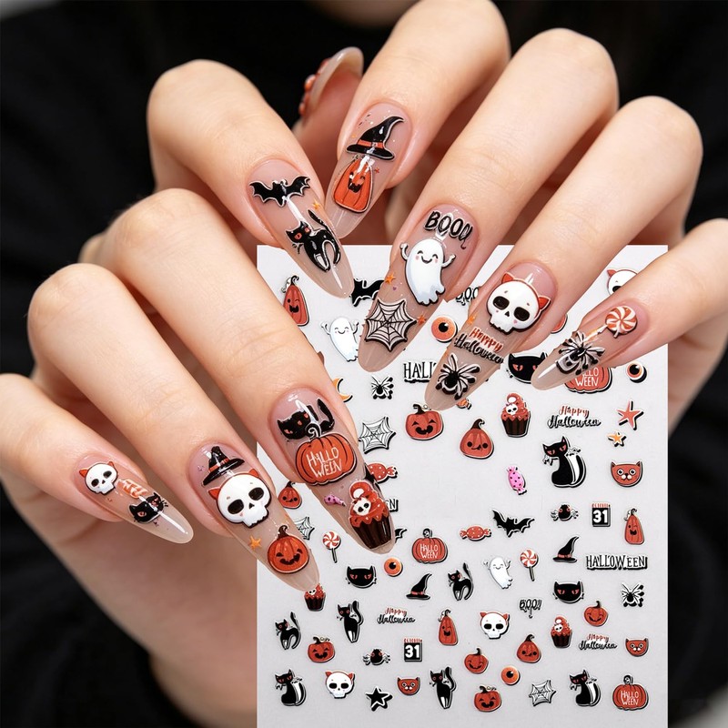 6 Pcs Halloween Nail Art Stickers Pumpkin Ghosts Bat Spider