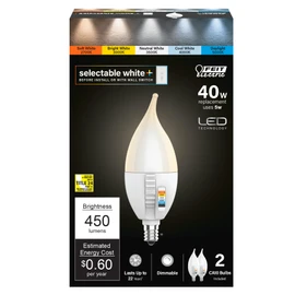 Feit Electric CA10 LED Candle Bulb Flame Tip, 40W Equivalent, Dimmable, Color Selectable 6-Way, 5CCT, E12 Candelabra Base, 90 CRI, 450 Lumens, Chandelier Bulb, 22-Year Life, CFF40/6WYCA/2, 2 Pack