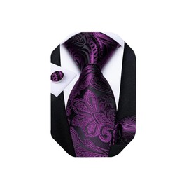 DiBanGu Extra Long Tie for Men Silk 63 inches XL Necktie and Pocket Suqare Cufflinks Set Mens Big and Tall Tie Wedding Party, Purple and Black