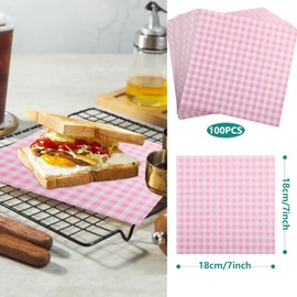 GeeRic Valentine's Day Waxed Deli Paper Sheets 7 * 7 Inch for Food Wrapping, 100 Pcs Food Basket Liners for Sandwiches Burgers 2026 Treats Wrap Wax Papers Gingham Pink