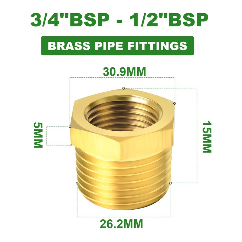 TAISHER 5 Pcs Brass Reducer Hex Bushing Threaded Pipe Fitting