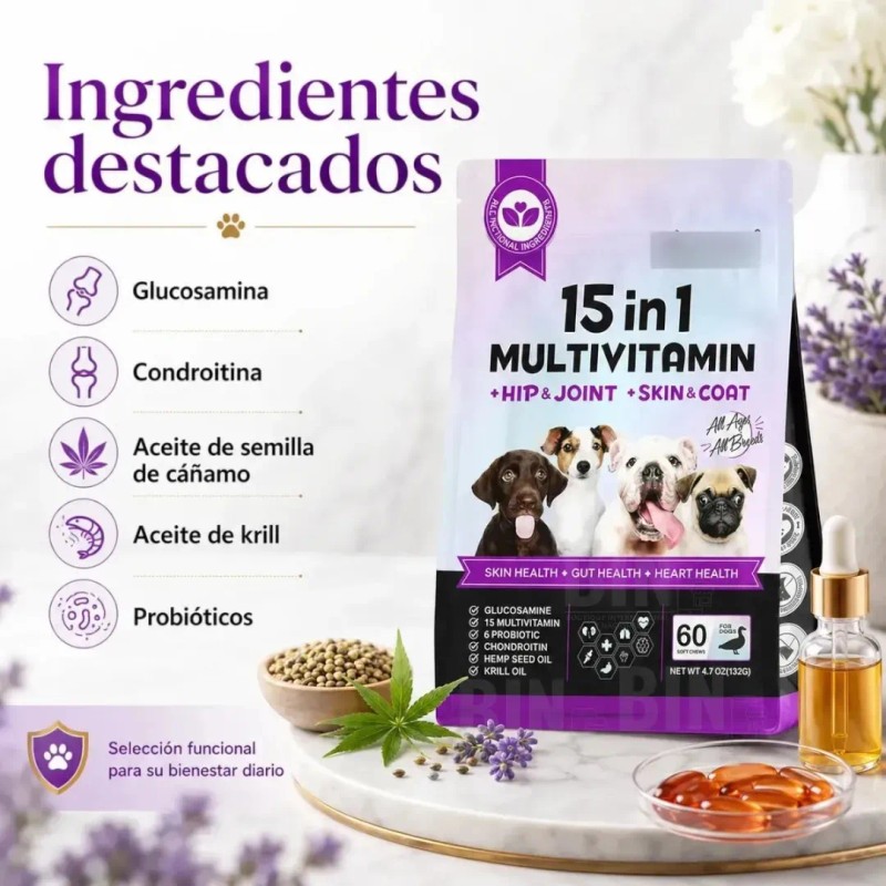 60 Multivitamínico Perros Refuerza Salud Articular 15 En 1