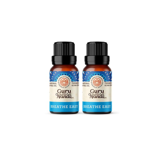 GuruNanda Breathe Easy Essential Oil (Pack of 2) - Nasal Congestion Relief with Eucalyptus & Peppermint, 100% Pure Therapeutic Grade Aromatherapy Blend for Healthy Breathing (15 ml x 2)