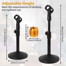 2 Sets Adjustable Desktop Mic Stand, tabletop Mic Stand microphone desk stands with 5/8" Male to 3/8" Female Screw, Metal Round Base for Table Desk Interviews, Black