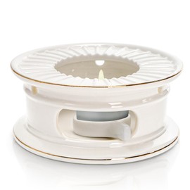 Nagpew Ceramic Teapot Warmer, Gold Rim Teapot Heater with Candle Holder, White Porcelain Tea Kettle Holder Warming Base for Heating Coffee, Milk, Water, Soup