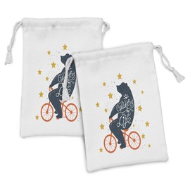 Lunarable Bicycle Fabric Pouch Set of 2, Silhouette of a Biking Giant Bear Cycling is Life Words and Stars Print, Small Drawstring Bag for Toiletries Masks and Favors, 9" x 6", Yellow White Orange