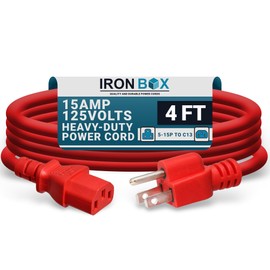IronBox Electric - Heavy-Duty 5-15P to C13 Power Cord - 3 Prong 15A 125V 14/3 SJT PC Cable - Cord for Computer, Monitor, Subwoofer, Amplifier - Cable for Power Supply - (Red 4 Foot)