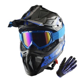 1Storm Adult Motocross Helmet ATV Dirt Bike BMX MX Downhill Mountain Helmet Track Style JH601; Track Blue + Goggles + Skeleton Blue Glove Bundle