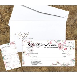 Custom Gift Certificates for Business - Add Your Store Name and Address, Comes with Free Matching Envelopes and Sequential Numbering Printing (Floris)