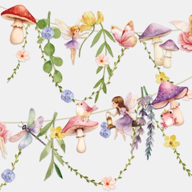Fairy Party Banner Fairy First Birthday Party Decorations Butterfly Mushroom Flower Garland Banner Paper Wildflower Banner for Baby Shower Wonderland Garden Tale Wedding Supplies