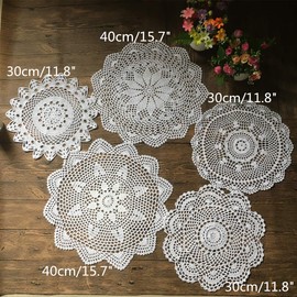 MINDPLUS Set of 5 Hand Crochet Doilies Cotton Crocheted Lace Doilies Table Placemat 12-16 Inches Round White Vintage Wedding Tea Party (White)