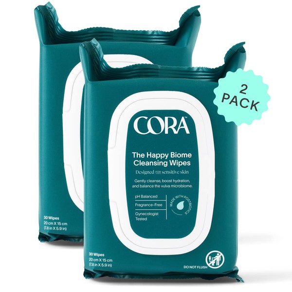 Cora Feminine Wipes, Daily Freshening, Hydrating, Postbiotic, ph Balanced, Cleansing Wipes, Gynecologist and Dermatologist Tested, Travel Body Wipes, Fragrance Free 30ct x 2 Packs (60 Wipes Total)…