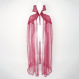 Joukavor Gothic Long Black Tulle Vampire Cape with Stand-Up Lace Collar for Women (Red)
