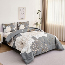 ANGIYUIN 3Pcs Grey Floral Botanical Comforter Set Full Size Printing White Flowers Bedding Set Gold Leaves Bed Sets for Women Men Soft Butterfly Plants Farmhouse Bed Comforter Set