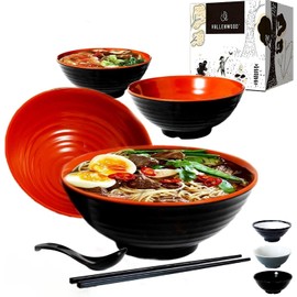 4 Ramen Bowls, 12 pieces Pho set. Red Black Ramen Bowl Set. Unbreakable Melamine. Asian Japanese soup. Spoons And Chopsticks kit. . XL 37 oz. Noodles, Rice, Udon, Thai, Chinese, Korean, Wonton, Miso