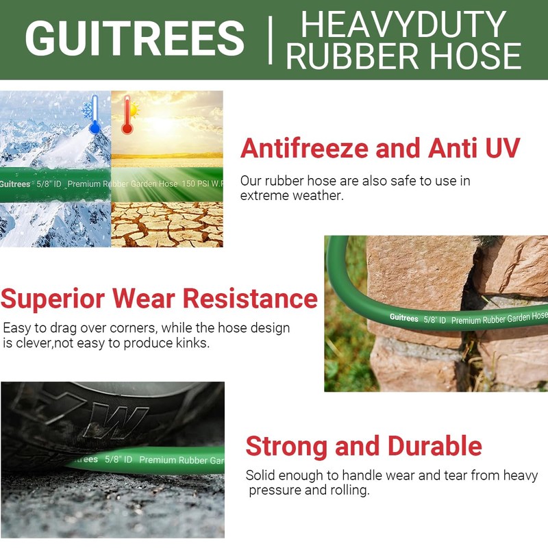 Guitrees 25FT 5/8 Heavy Duty Rubber Garden Hose - 200psi