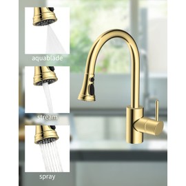 Hibbent Gold Pull Down Faucet Spray Head, 3 Function Faucet Sprayer Nozzle with 10 Adapters, Compatible with Moen, American Standard, Kohler Faucets, Polished Brass