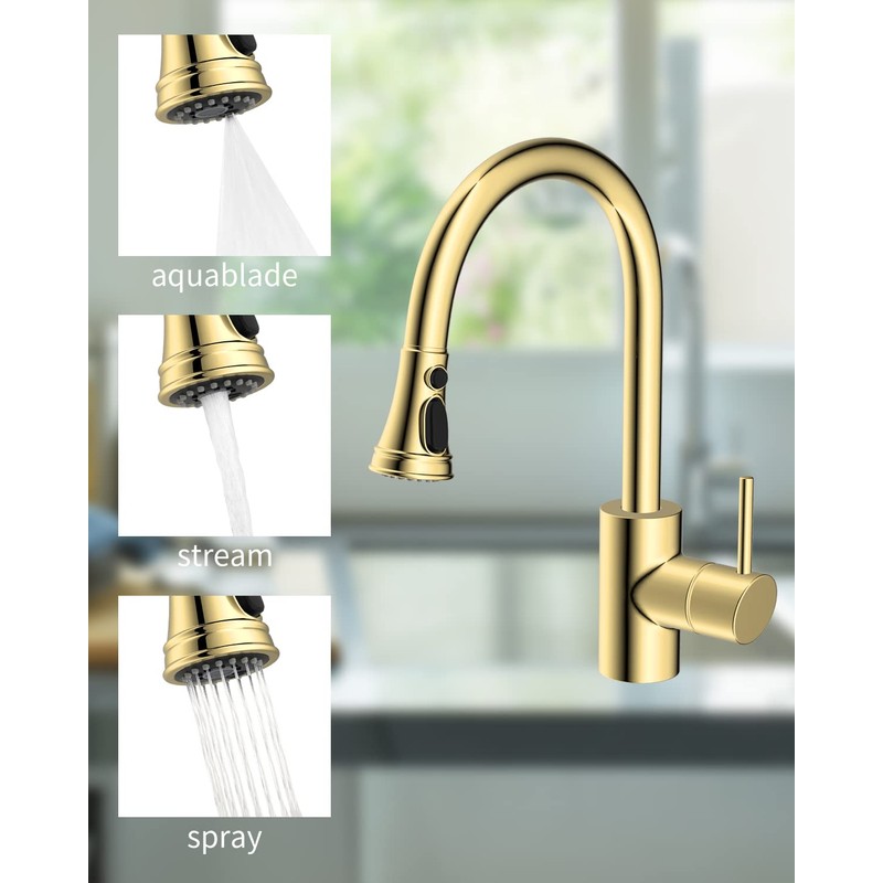 Hibbent Gold Pull Down Faucet Spray Head, 3 Function Faucet