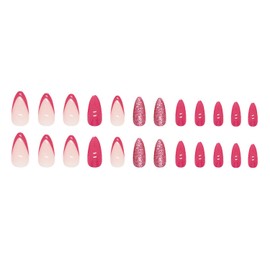 Press on Nails Medium Almond SWEKKE French Tip Fake Nails Rose Pink Full Cover Glue on Nails False Nails with Nail Glue Glitter Glossy Stick on Nails Artificial Acrylic Nails for Women Girls 24 Pcs