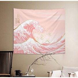 Ovenbird Wave Tapestry Pastel Pink and Gold, Japanese Tapestry for Bedroom Aesthetic, Pink Tapestry Wall Hanging, 59" X 51"