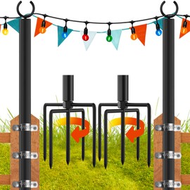 LAND·VOI 2 Pack String Light Poles, 9FT Heavy Duty Metal Light Poles for Outside String Lights, Outdoor Light Poles with 5 Prong Fork, Lighting Stand for Patio, Backyard, Garden, Deck, Black FLP12B
