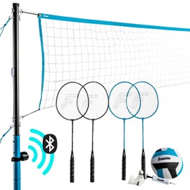 Franklin Sports Beach + Backyard Volleyball Set + Badminton Set with Speaker - Bluetooth Net + Pole Set – with Pump, Bluetooth Speakers + Carry Bag Included