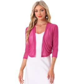 Allegra K Sheer Mesh Bolero Shrugs for Women's Elegant 3/4 Sleeve Lightweight Cropped Cardigan Medium Fuchsia