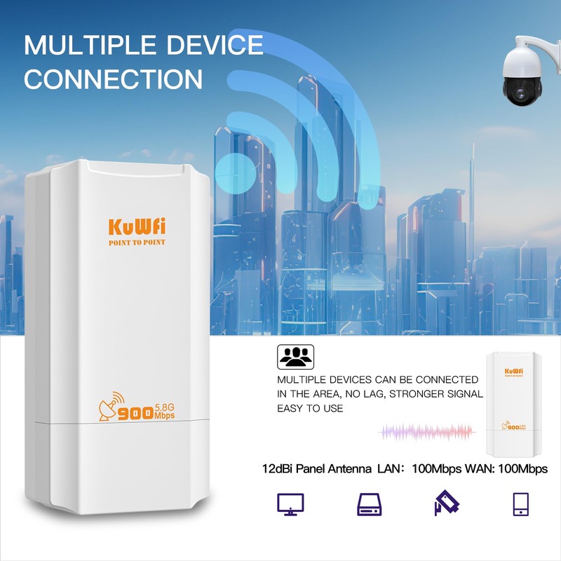 KuWFi Point to Point Wireless Bridge, 5.8G 900Mbps 2KM WiFi