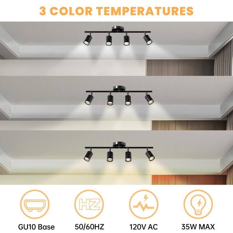 Lavendex LED 4 Light Track Lighting Kit, Black Ceiling Spotlights,