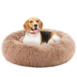 HOMEFLA 30 Inch Round Dog Bed, Washable Cat Bed, Orthopedic Fluffy Fuzzy Pet Bed, Anti-Slip Pet Sofa Mat, Indoors, Brown