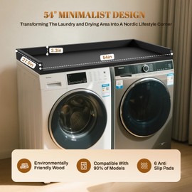 GCCSJ Washer Dryer Countertop, 54" Width x 27.5" Depth Wood Shelf Topper with Edge & Non-Slip Pads for Laundry Room Organization Storage & Clothes Folding, Black