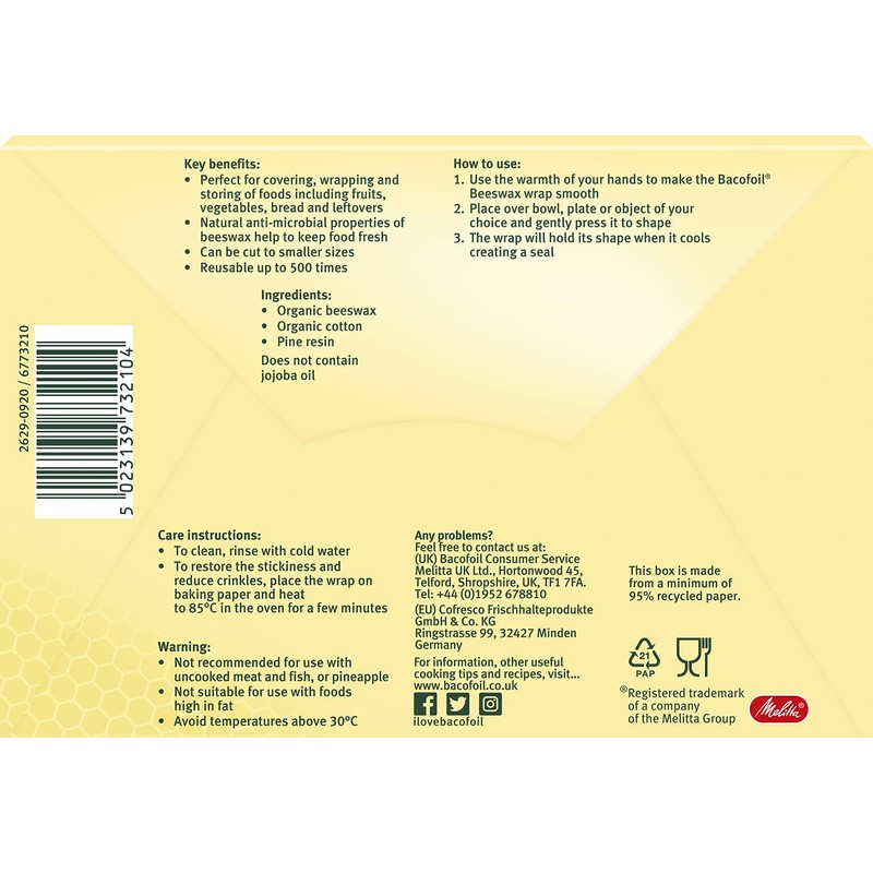 Bacofoil Beeswax Wraps, Pack of 2, Reusable food wraps, Natural