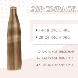 YDDM Tape-In Real Hair Extensions, 20 Pieces, 50 cm, 50 g, Invisible Tape Extensions, Real Hair Tape Extensions, Skin Weft Hair Extensions (20 Inches, P6/613#)