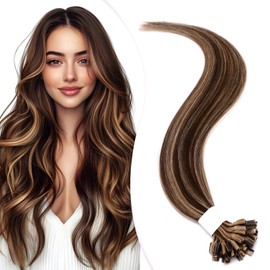 Elailite U-Tip Real Hair Bonding Extensions, Keratin Hair Extensions, Straight, 14 Inches (35 cm), #4P27 Medium Brown/Honey Blonde, 50 Strands, 50 g